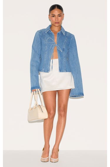 Petite Mid Blue Wash Denim Tie Front Top