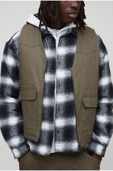 Boxy Overdyed Cargo Quilted Denim Utility Vest - dark green