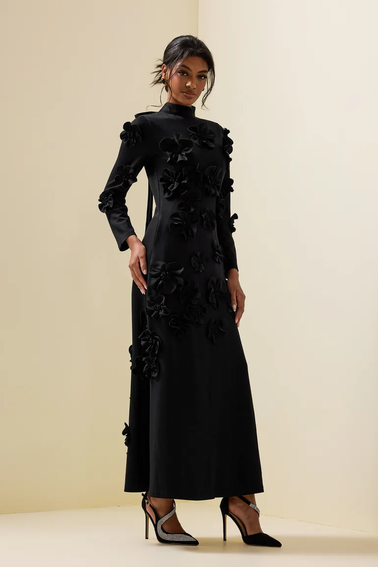 dominique floral long sleeve midi dress Dominique 3D Flower Midi Dress in Black JardinVue Black : Party Dresses :  VogaCloset Oman