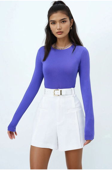 Women's Purple Crew Neck Jumpsuit with Snap Button Blouse
