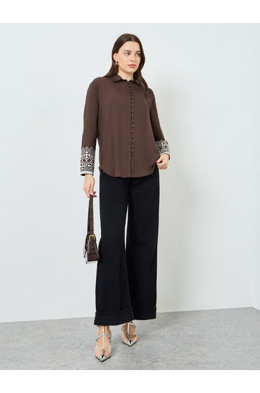 Women Brown Embroidered Cuff Long Sleeve Shirt