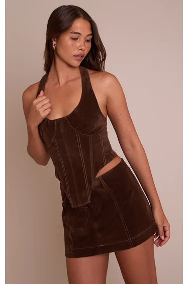 Brown Faux Suede Stitching Detail Halterneck Corset