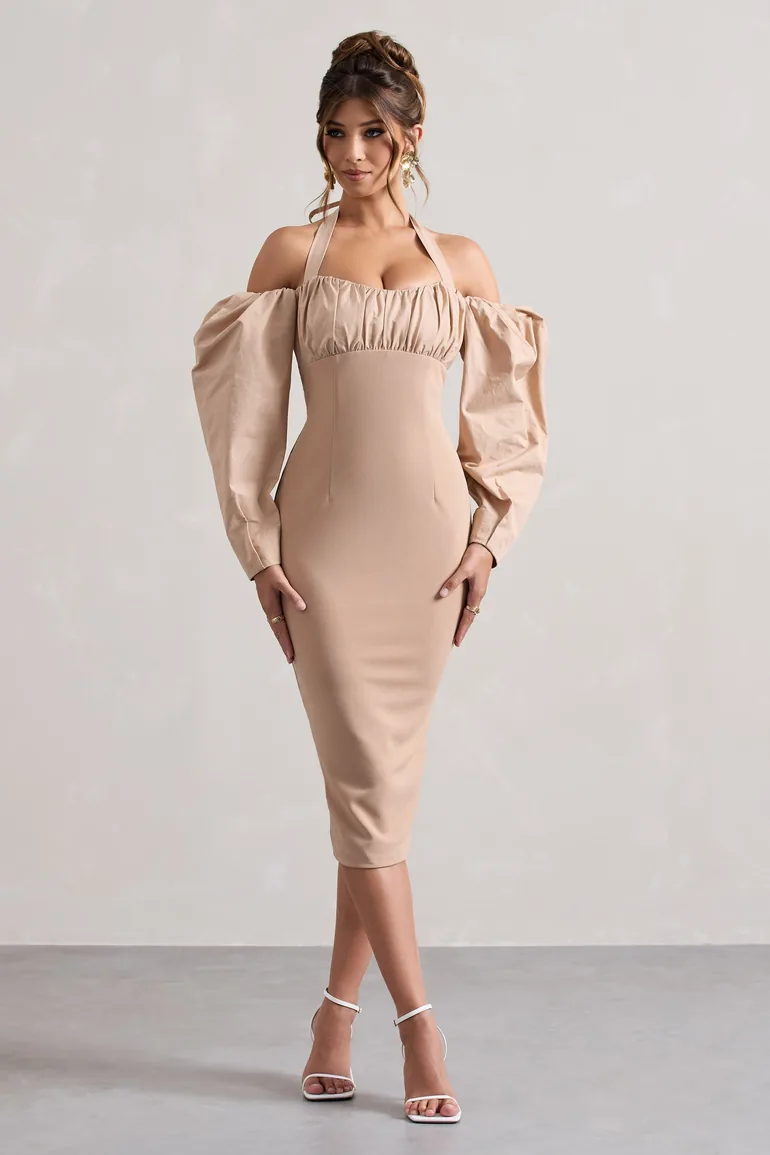 white long halter neck dress Living High | White Halter-Neck Maxi Dress With Long Sleeves