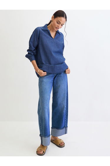 Navy Blue Cuffed Sleeves Denim Top