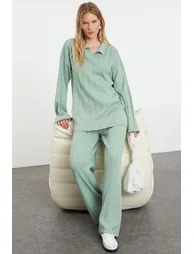 Mint Corded Knitted Polo Neck Knitwear Top-Top Set - 3