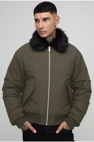 Tall Faux Fur Collar Regular Fit Bomber Jacket - khaki