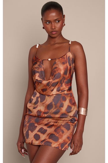 Brown Snake Cowl Neck Trim Detail Mini Dress