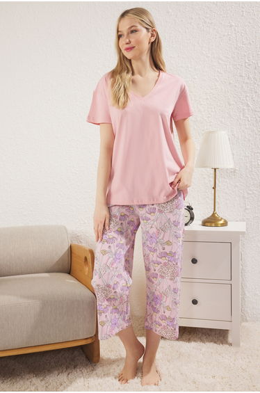 Pink Floral Capri Knitted Pajama Set