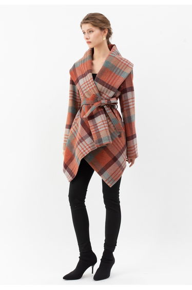Plaid Pattern Rabato Coat in Coral