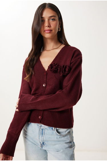 Women's Burgundy Flower Detailed Knitwear Cardigan