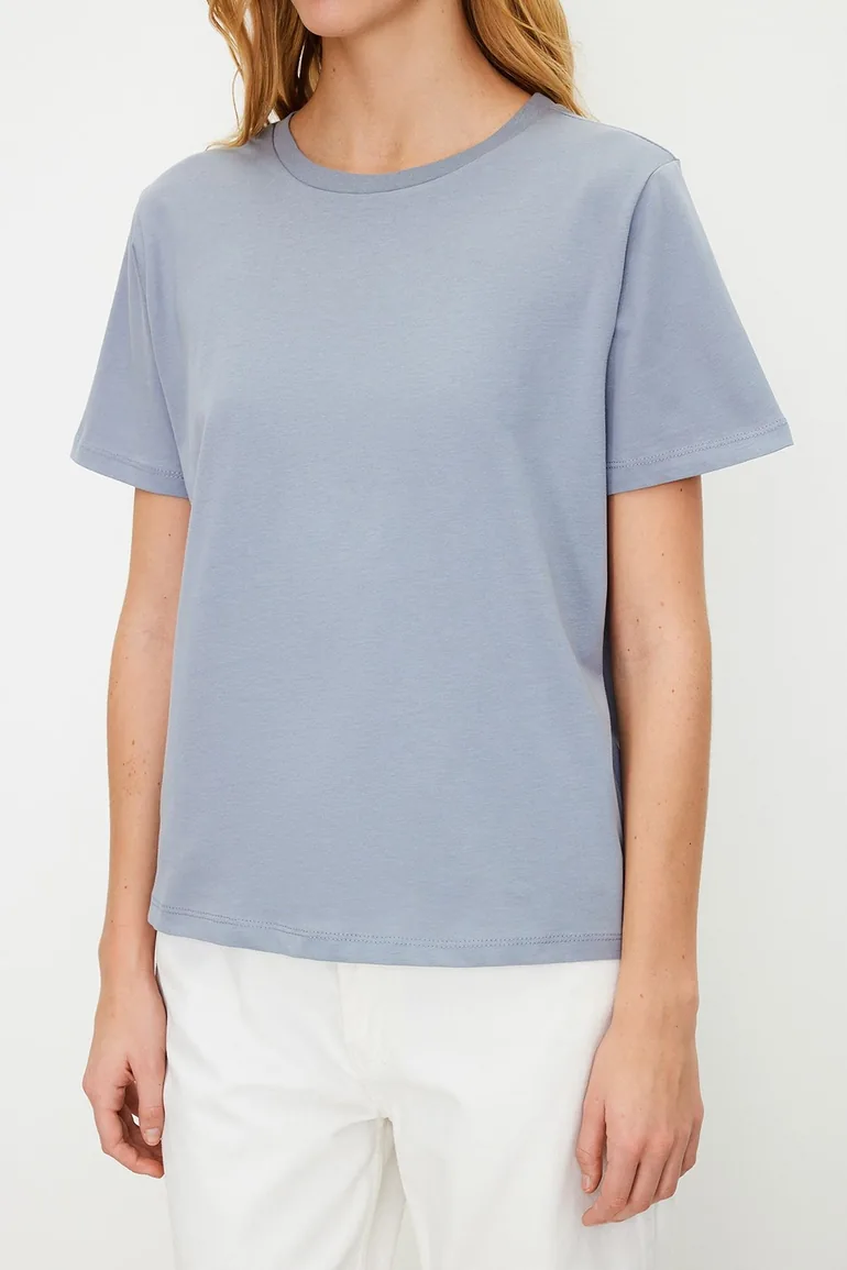 Gray 100% Cotton Basic Crew Neck Knitted T-Shirt - 4
