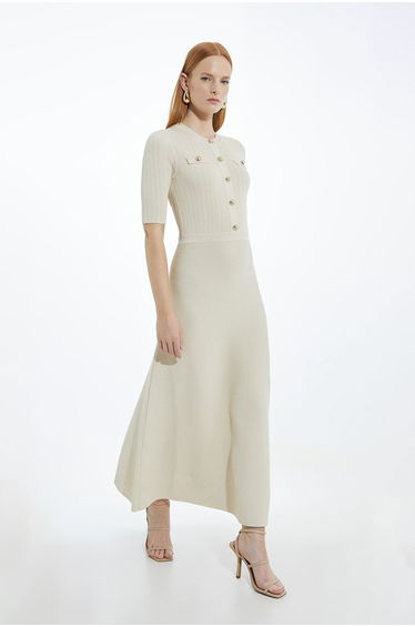 Petite Rib Knit Military Trim Maxi Dress