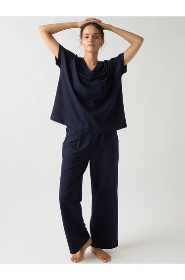Navy Blue Cotton Knit Straight Pants