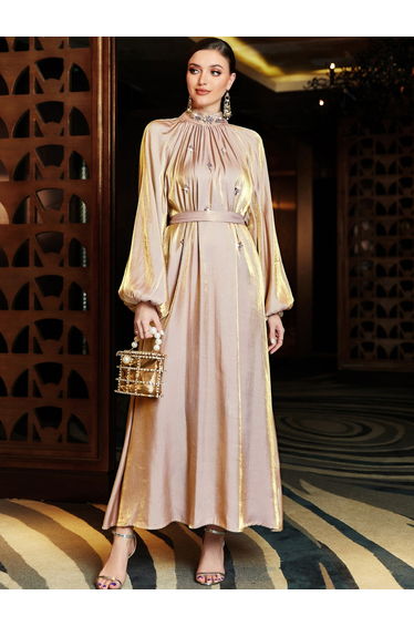 Women Beige Balloon Pleated Rhinestone Maxi Dress