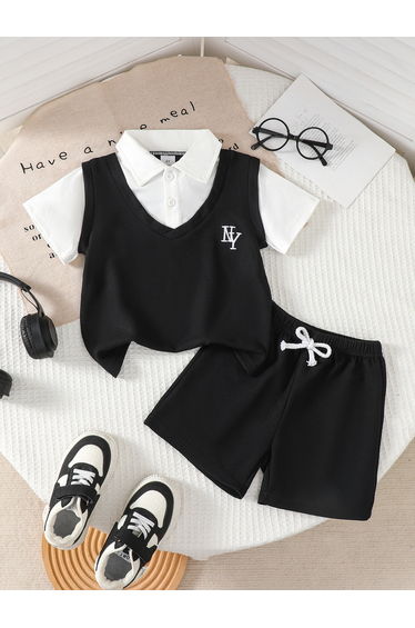 Boys 2in1 Style Textured Polo T-Shirt and Shorts Set