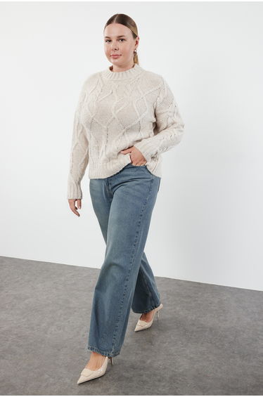 Beige Glitter Braided Knitwear Sweater