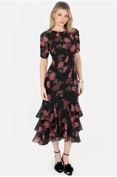 Anaya With Love Recycled Black Floral Short Ruched Sleeve & Keyhole Back Midi Dress