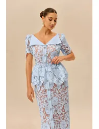 Date Night Beauty Blue Floral Lace V-neck Midi Dress - 1