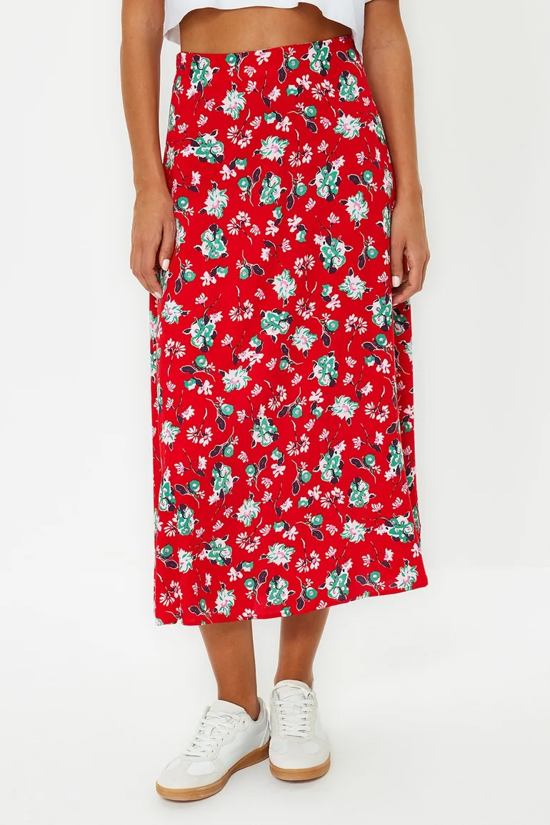 Red Floral Patterned Viscose Fabric Midi Woven Skirt - 4