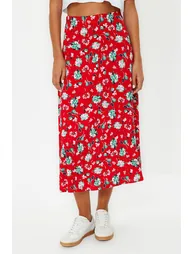 Red Floral Patterned Viscose Fabric Midi Woven Skirt - 4
