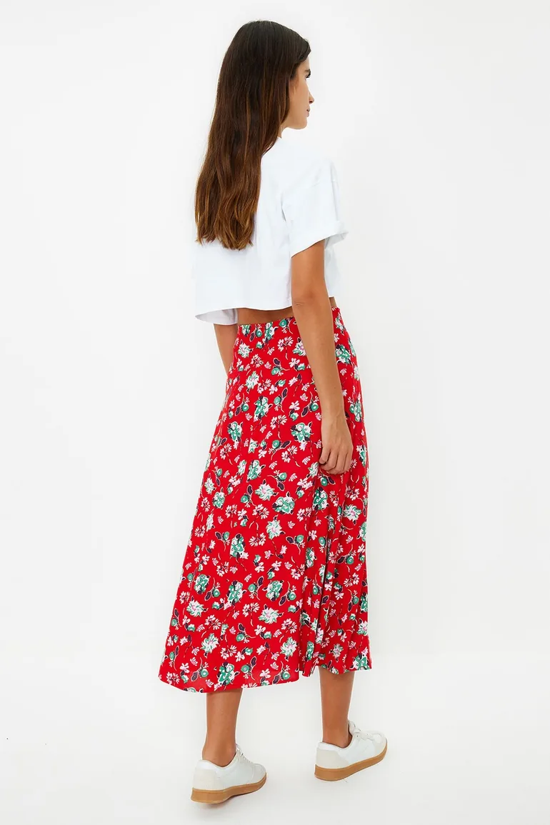 Red Floral Patterned Viscose Fabric Midi Woven Skirt - 5