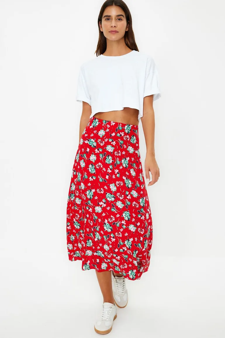 Red Floral Patterned Viscose Fabric Midi Woven Skirt