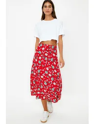 Red Floral Patterned Viscose Fabric Midi Woven Skirt