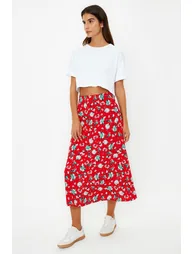 Red Floral Patterned Viscose Fabric Midi Woven Skirt - 1