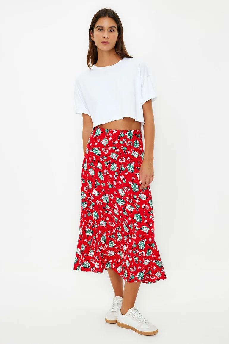 Red Floral Patterned Viscose Fabric Midi Woven Skirt - 2