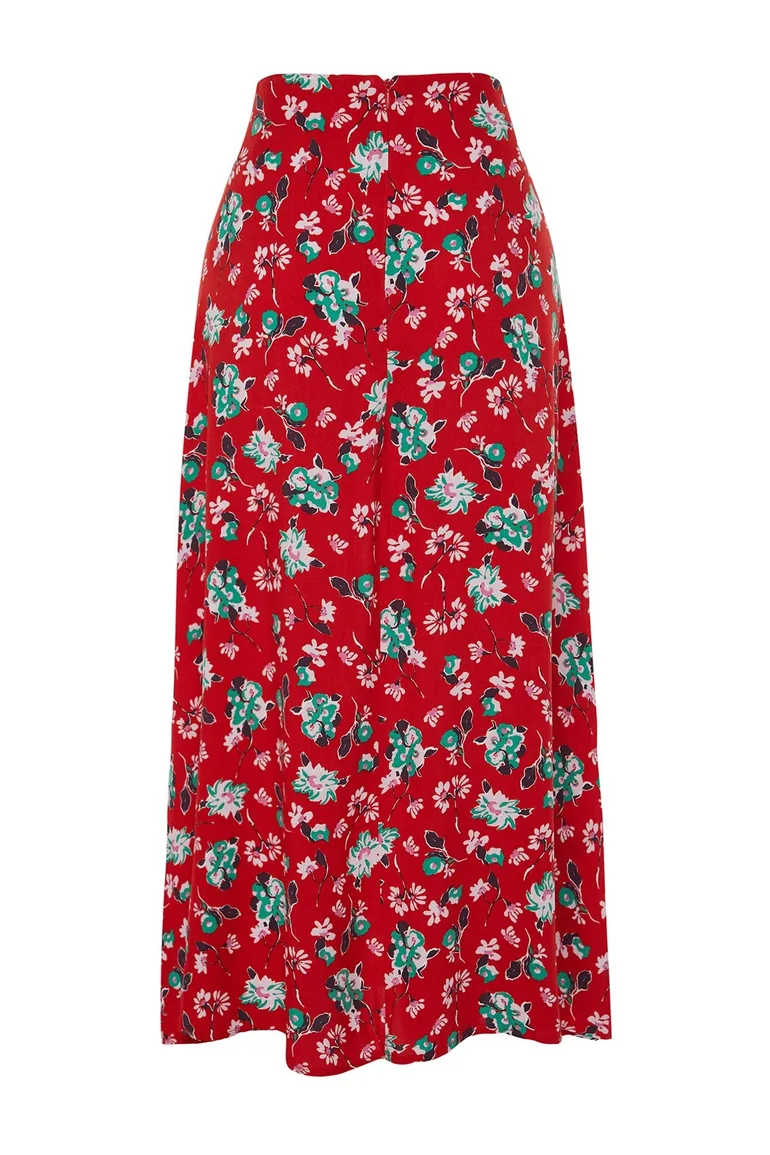 Red Floral Patterned Viscose Fabric Midi Woven Skirt - 7