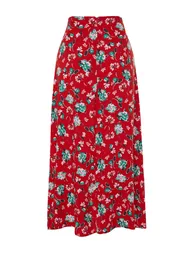 Red Floral Patterned Viscose Fabric Midi Woven Skirt - 7