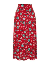 Red Floral Patterned Viscose Fabric Midi Woven Skirt - 6