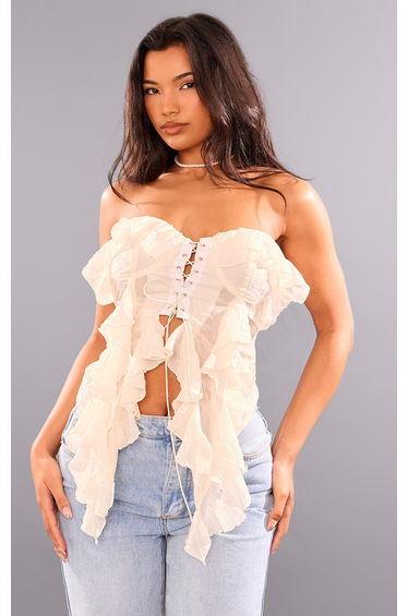 Cream Bandeau Chiffon Ruffle Lace Up Corset