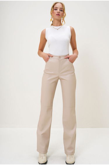 Women's Cream Knee Stitching Faux Leather Palazzo Pants with Pockets