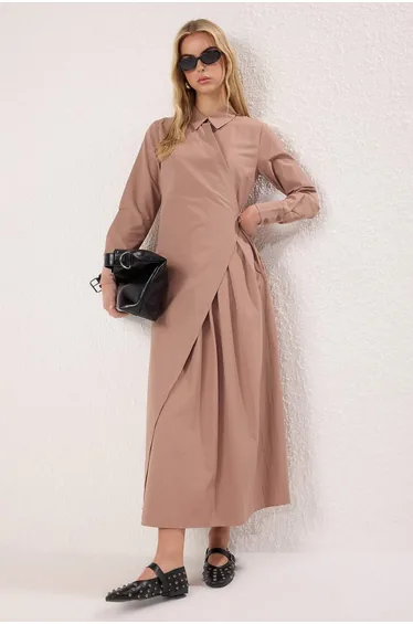 Camel Double Breasted Closure Pleated Cotton Woven Dress