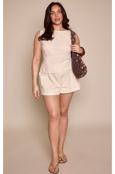 Plus Natural Textured Woven Boat Neck Cap Sleeve Top