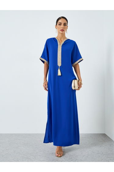 Women V-Neck Golden Patch Short Sleeve Jalabiya