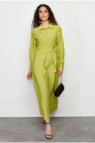 Green Waist Tie Detail Shirt Collar Woven Dress