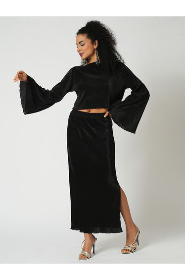 Black Accordion Pleats Crop Top and Skirt Co-Ords