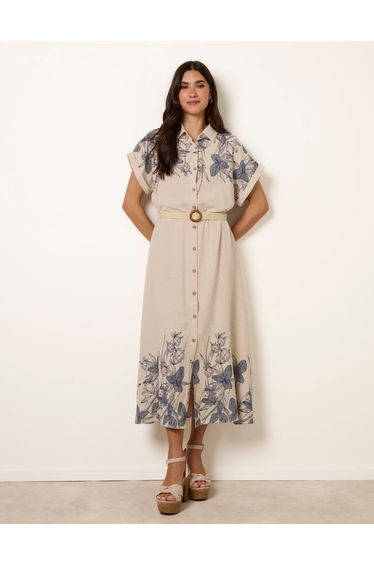Printed Linen Belted Dress