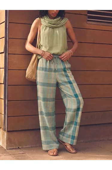 High Waisted Loose Contrast Color Plaid Pockets Pants Trousers