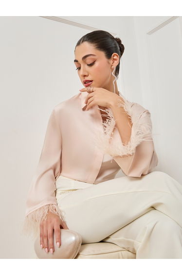Women Cream Satin Shirt with Feathered Trims