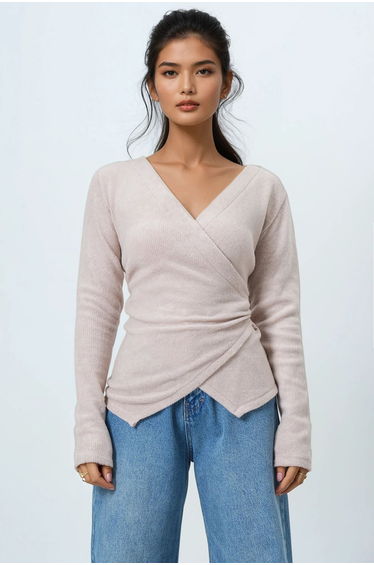 Women's powder pink double-breasted blouse with drape detail
