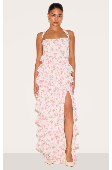 Petite Pink Flower Print Frill Detail Maxi Dress