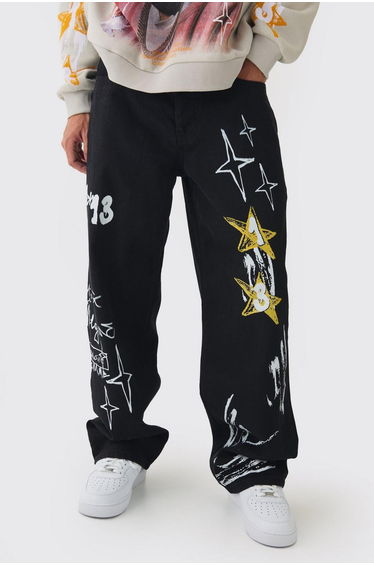 Baggy Rigid Graffiti Printed Jeans - black