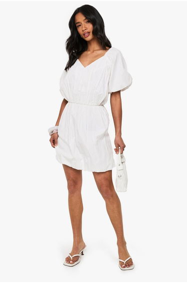 Petite V Neck Extreme Puff Sleeve Mini Skater Dress - white