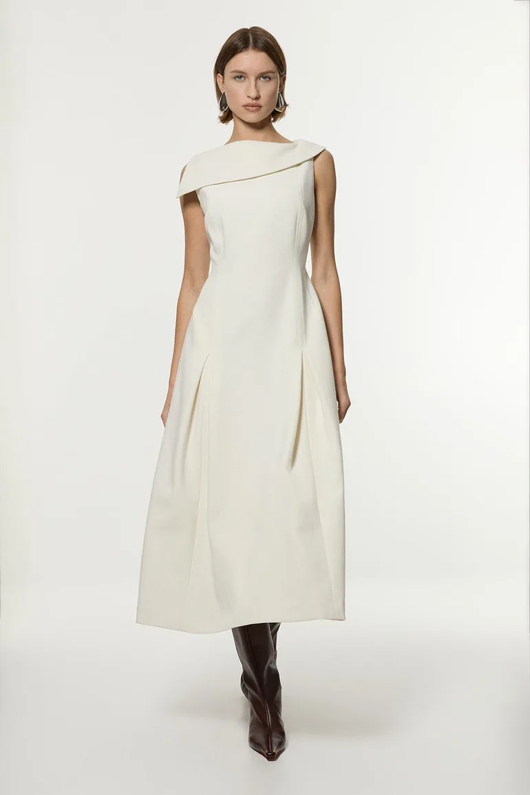 Compact Stretch Asymmetric Neck Tailored Full Skirted Dress
