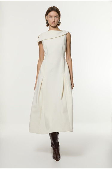 Compact Stretch Asymmetric Neck Tailored Full Skirted Dress