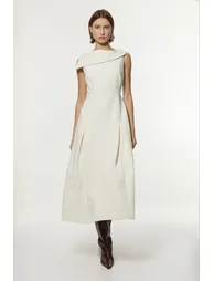 Compact Stretch Asymmetric Neck Tailored Full Skirted Dress