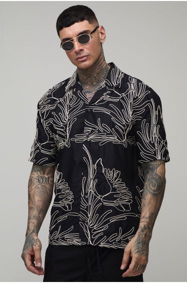Tall Palm Embroidered Oversized Shirt - black